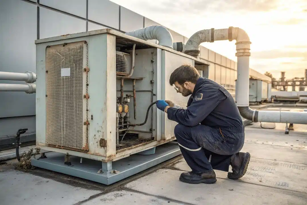 Technician Inspecting Worn Compressor In Commercial HVAC Equipment